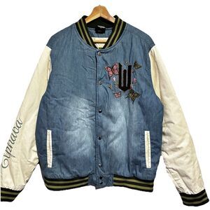 Box Lunch Wicked Bomber Jacket Denim Varsity Elphaba And Glinda Size Large NWT